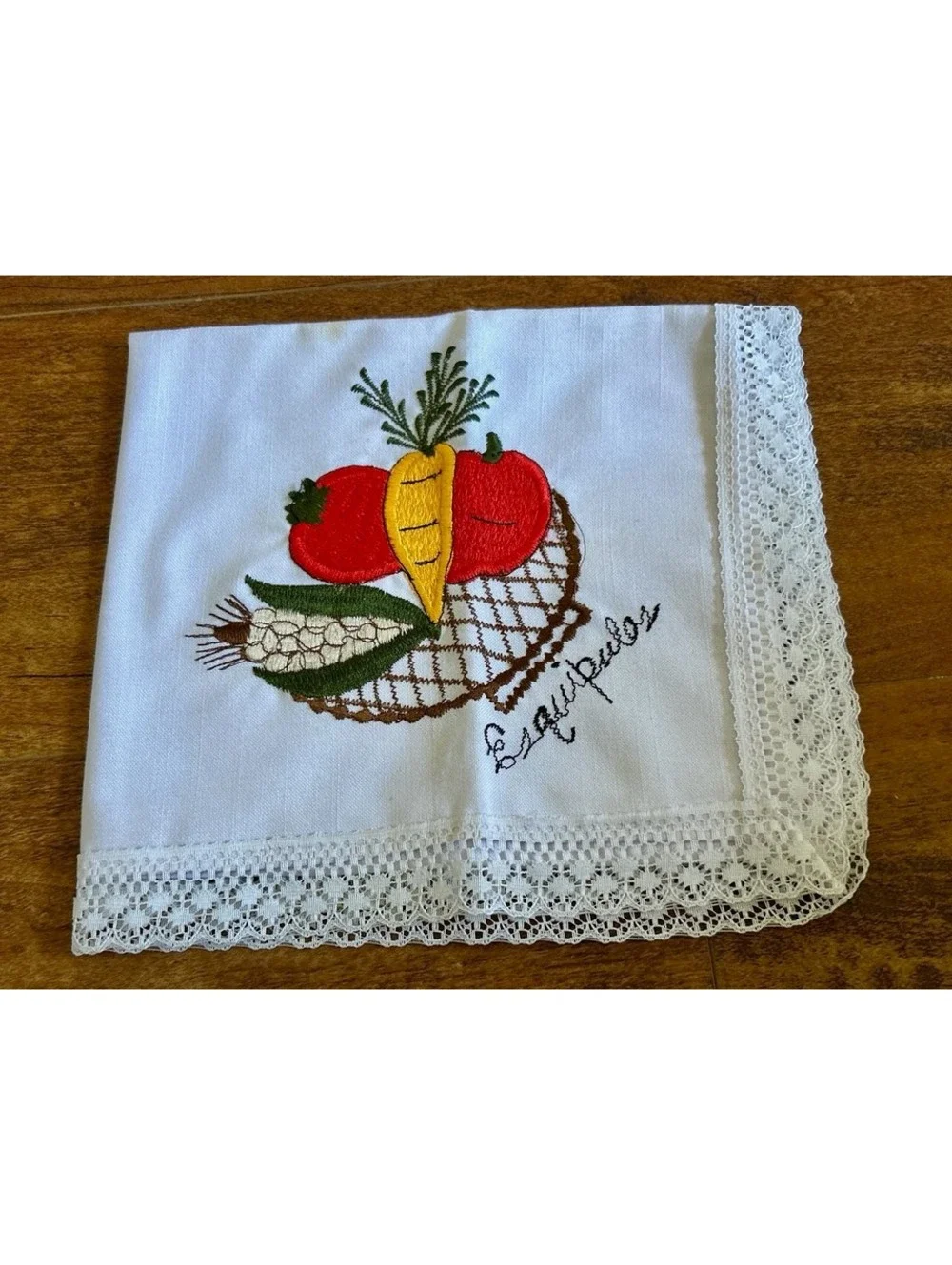 Vintage Esquipulas Embroidered Linen Tablecloth with Vegetable Basket Design